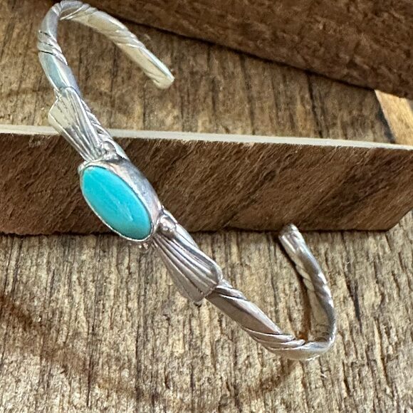 Navajo Sterling Silver & Kingman Turquoise Cuff Bracelet, Stamped - Picture 6 of 9